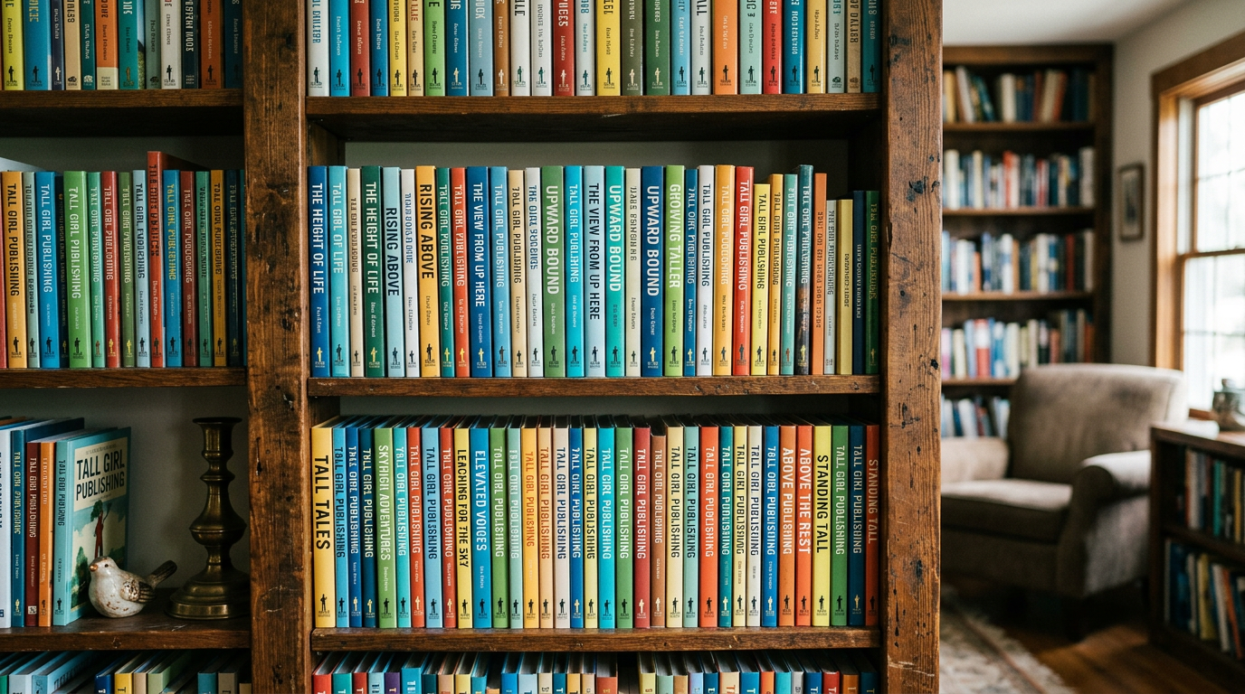 Wooden bookshelves filled with colorful books and a brass candlestick in a cozy room